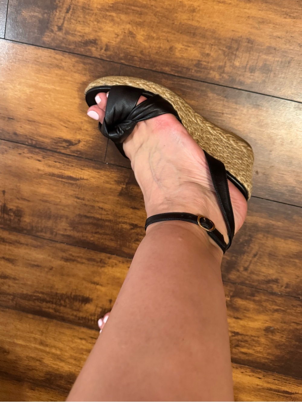 Stuart Weitzman Black Leather Knot Espadrille Wedges with Ankle Strap.